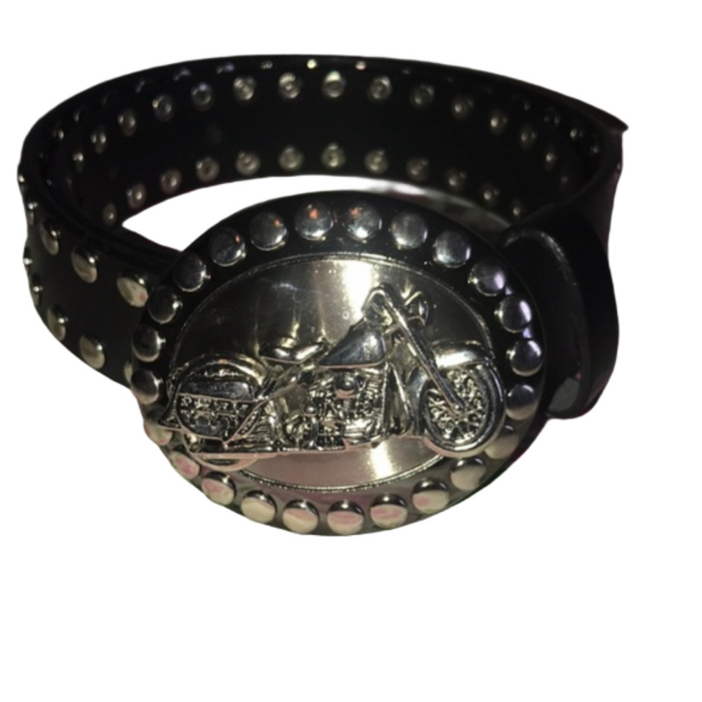 MOTORCYCLES BUCKLE W/STUD BELT.  32” BELT.  NCO!  SILVER IN COLOR BUCKLE.  NWOT